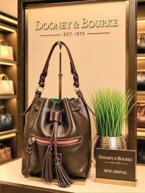 Dooney & Bourke Tmoro Vintage Dark Brown Leather Drawstring Bucket Shoulder Bag